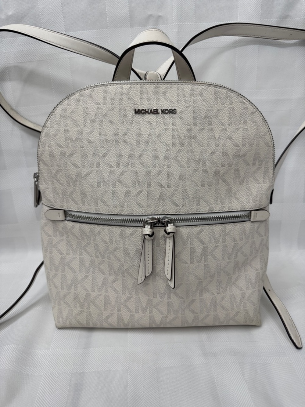Michael Kors Dallas in Cream with Gray Logo Dome Backpack with Silver Hardware